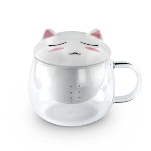 Cute Cat Creations, Crazy Cat LadyLovers Glass 300ml10oz Tea Cup with Tail Handle & Kitty Kat Ears Ceramic Lid, Kawaii Teacup with Ceramic Tea Leaf InfuserSteeperStrainer