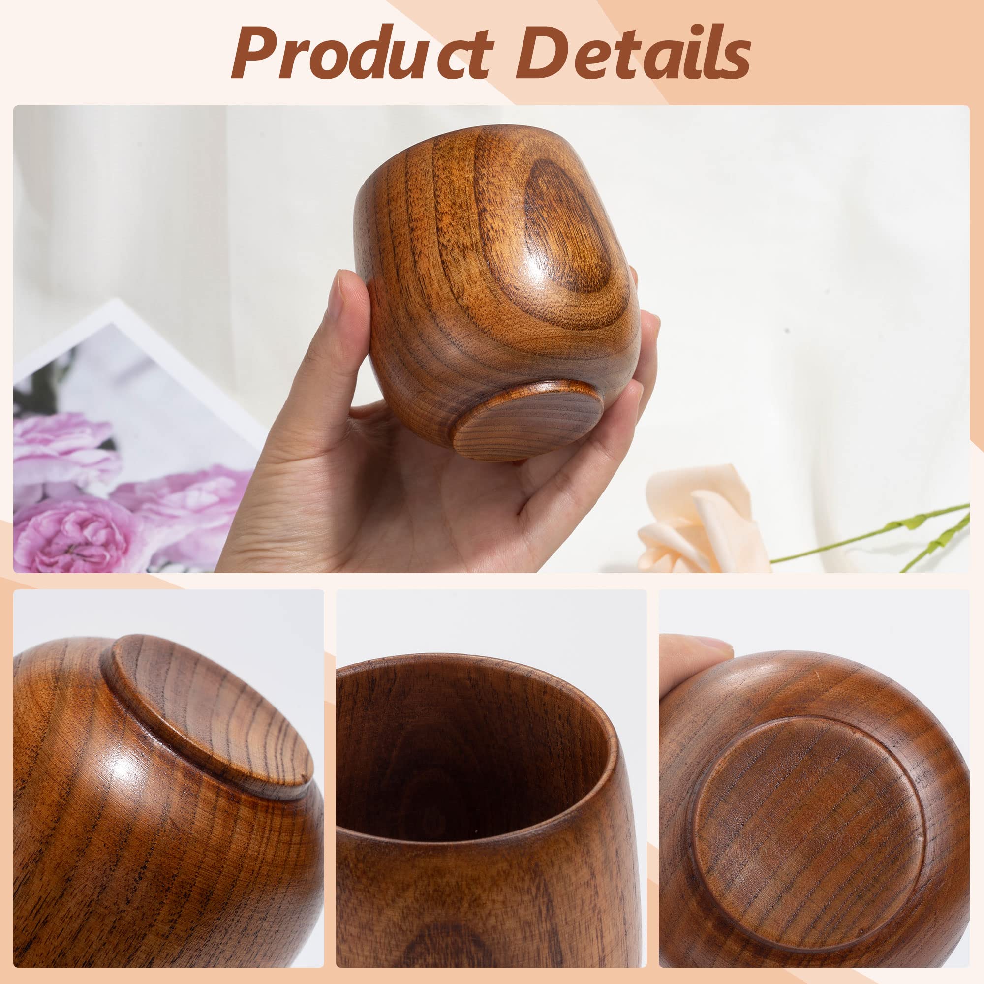 MOTZU 2 Pieces Jujube Wood Sake Cup, Top-Grade Natural Solid Wooden Tea Cup, Capacity: 51-100ml, Primitive Handmade Wooden Drinking Wine Mug, Breakfast Milk Juice Beer Cups for Home Bar