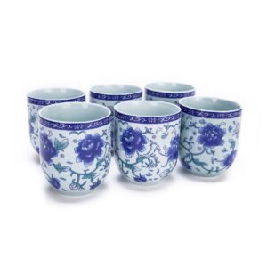 thy collectibles set of 6 eastern asian design ceramic tea cups in blue-and-white peony - 8 oz capacity each