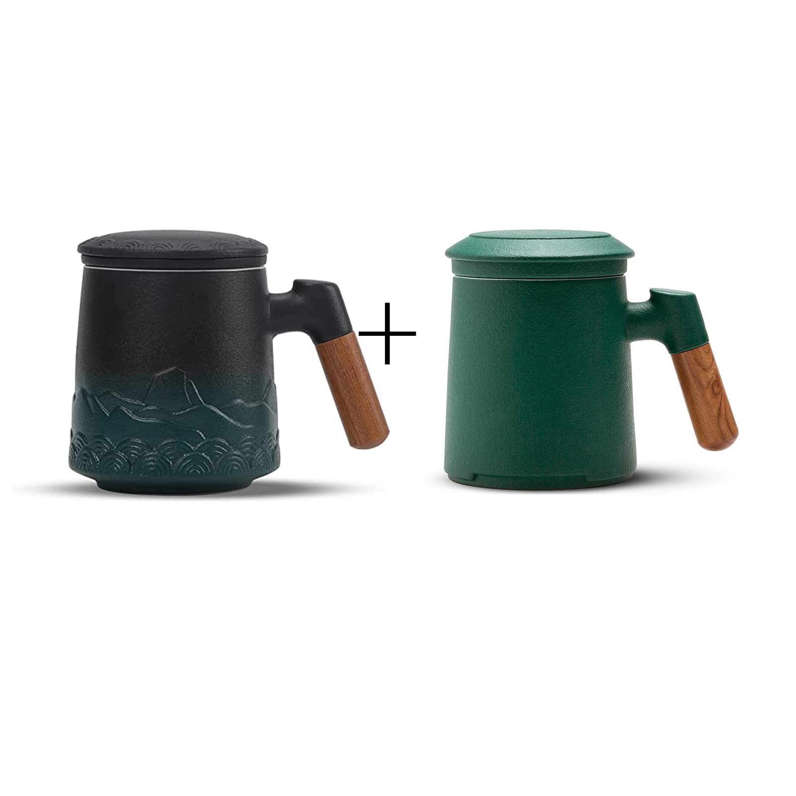 ZENS Tea Cup with Infuser and Lid, 16.8 Ounce Black & Green Gradient Embossed Large Loose Tea Mug and 13.5 Ounce Dark Green Stoneware Glazed Ceramic Tea Cup