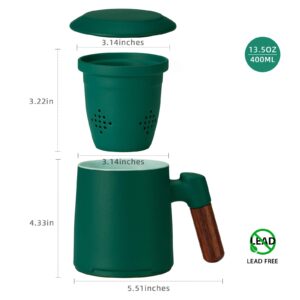 ZENS Tea Cup with Infuser and Lid, 16.8 Ounce Black & Green Gradient Embossed Large Loose Tea Mug and 13.5 Ounce Dark Green Stoneware Glazed Ceramic Tea Cup