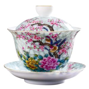 doitool ceramic tea cup chinese fu tea cup with lids hand- painted tea bowl ceramic tea bowl traditional tea ware (flower birds)