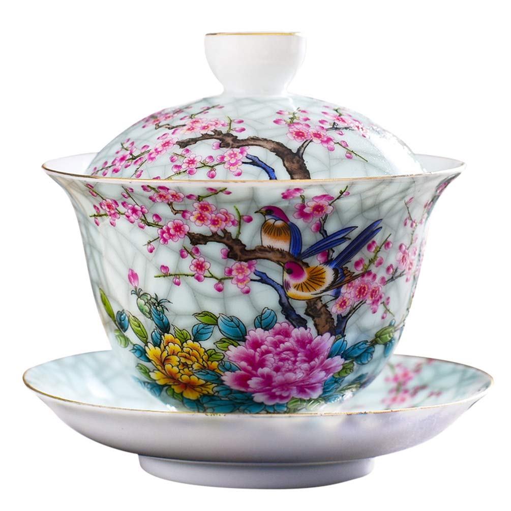 DOITOOL Ceramic Tea Cup Chinese Fu Tea Cup with Lids Hand- painted Tea Bowl Ceramic Tea Bowl Traditional Tea Ware (Flower Birds)