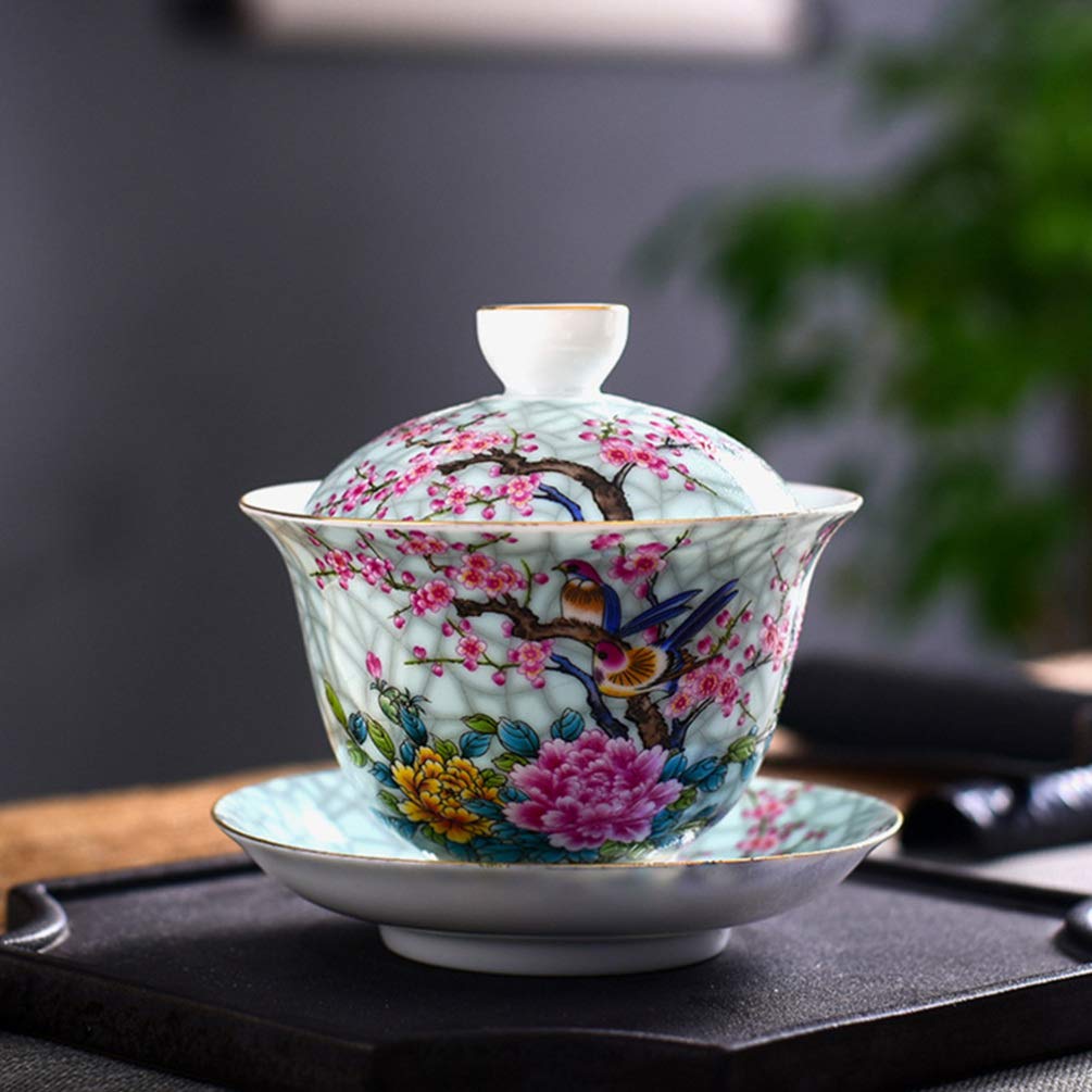 DOITOOL Ceramic Tea Cup Chinese Fu Tea Cup with Lids Hand- painted Tea Bowl Ceramic Tea Bowl Traditional Tea Ware (Flower Birds)