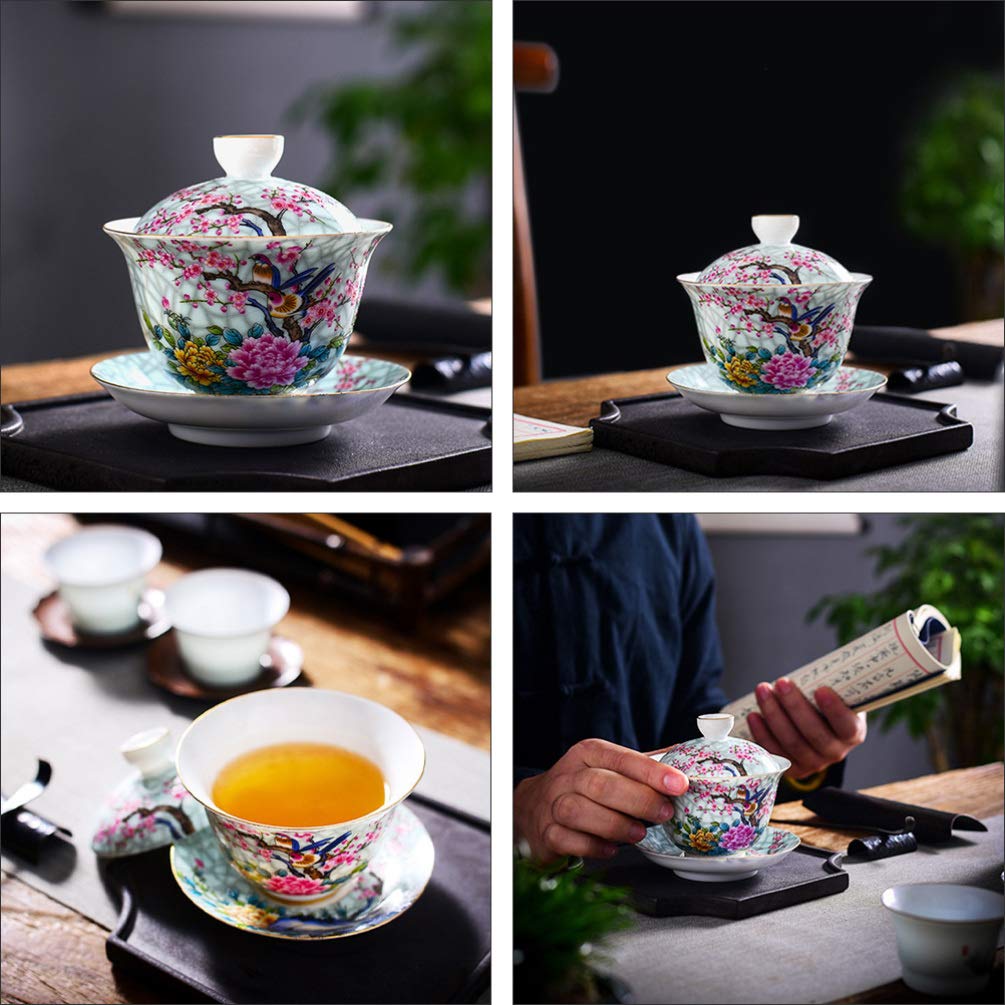 DOITOOL Ceramic Tea Cup Chinese Fu Tea Cup with Lids Hand- painted Tea Bowl Ceramic Tea Bowl Traditional Tea Ware (Flower Birds)