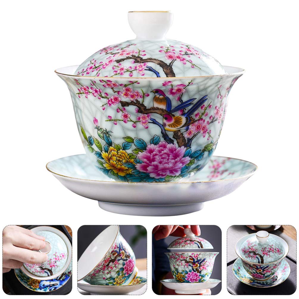 DOITOOL Ceramic Tea Cup Chinese Fu Tea Cup with Lids Hand- painted Tea Bowl Ceramic Tea Bowl Traditional Tea Ware (Flower Birds)