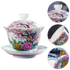 DOITOOL Ceramic Tea Cup Chinese Fu Tea Cup with Lids Hand- painted Tea Bowl Ceramic Tea Bowl Traditional Tea Ware (Flower Birds)