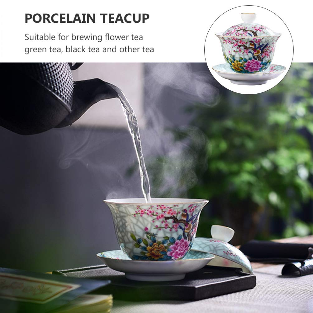 DOITOOL Ceramic Tea Cup Chinese Fu Tea Cup with Lids Hand- painted Tea Bowl Ceramic Tea Bowl Traditional Tea Ware (Flower Birds)