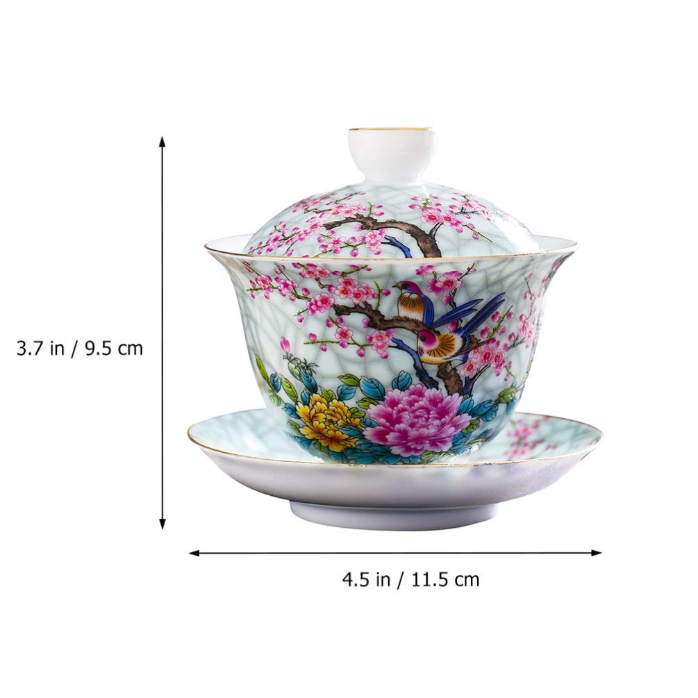 DOITOOL Ceramic Tea Cup Chinese Fu Tea Cup with Lids Hand- painted Tea Bowl Ceramic Tea Bowl Traditional Tea Ware (Flower Birds)