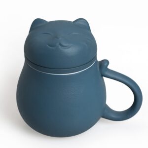 ceramic tea mug with infuser and lid cute lucky cat design coffee mug with lid ceramic tea cup with filter for steeping loose leaf (blue)