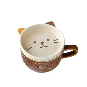 jimiruigro cute ceramic coffee mug with lid cartoon cat face pattern 7.4 oz small tea or milk cup novelty gifts for girl and women, brown