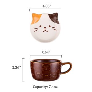 Jimiruigro Cute Ceramic Coffee Mug with Lid Cartoon Cat Face Pattern 7.4 Oz Small Tea or Milk Cup Novelty Gifts for Girl and Women, Brown