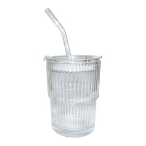 akavig 1 pieces classic vertical stripes coffee glass cups with lid and straw - 14.5 oz ice coffee cup ribbed glassware