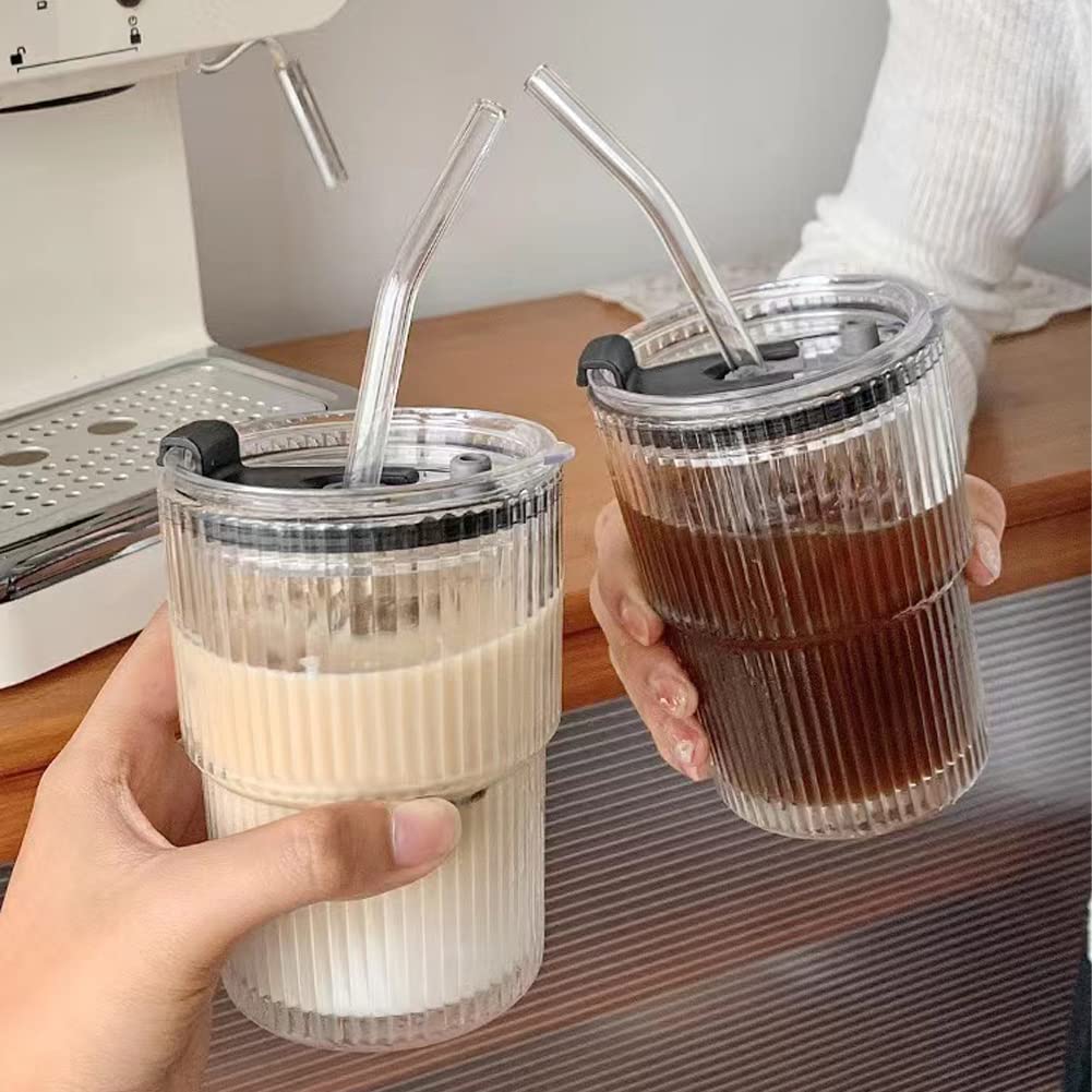 AKAVIG 1 pieces Classic Vertical Stripes Coffee Glass Cups with Lid and Straw - 14.5 Oz Ice Coffee Cup Ribbed Glassware