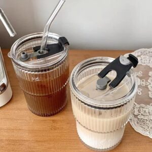 AKAVIG 1 pieces Classic Vertical Stripes Coffee Glass Cups with Lid and Straw - 14.5 Oz Ice Coffee Cup Ribbed Glassware