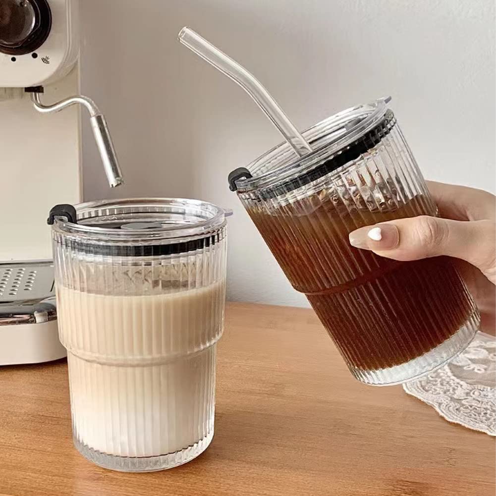 AKAVIG 1 pieces Classic Vertical Stripes Coffee Glass Cups with Lid and Straw - 14.5 Oz Ice Coffee Cup Ribbed Glassware