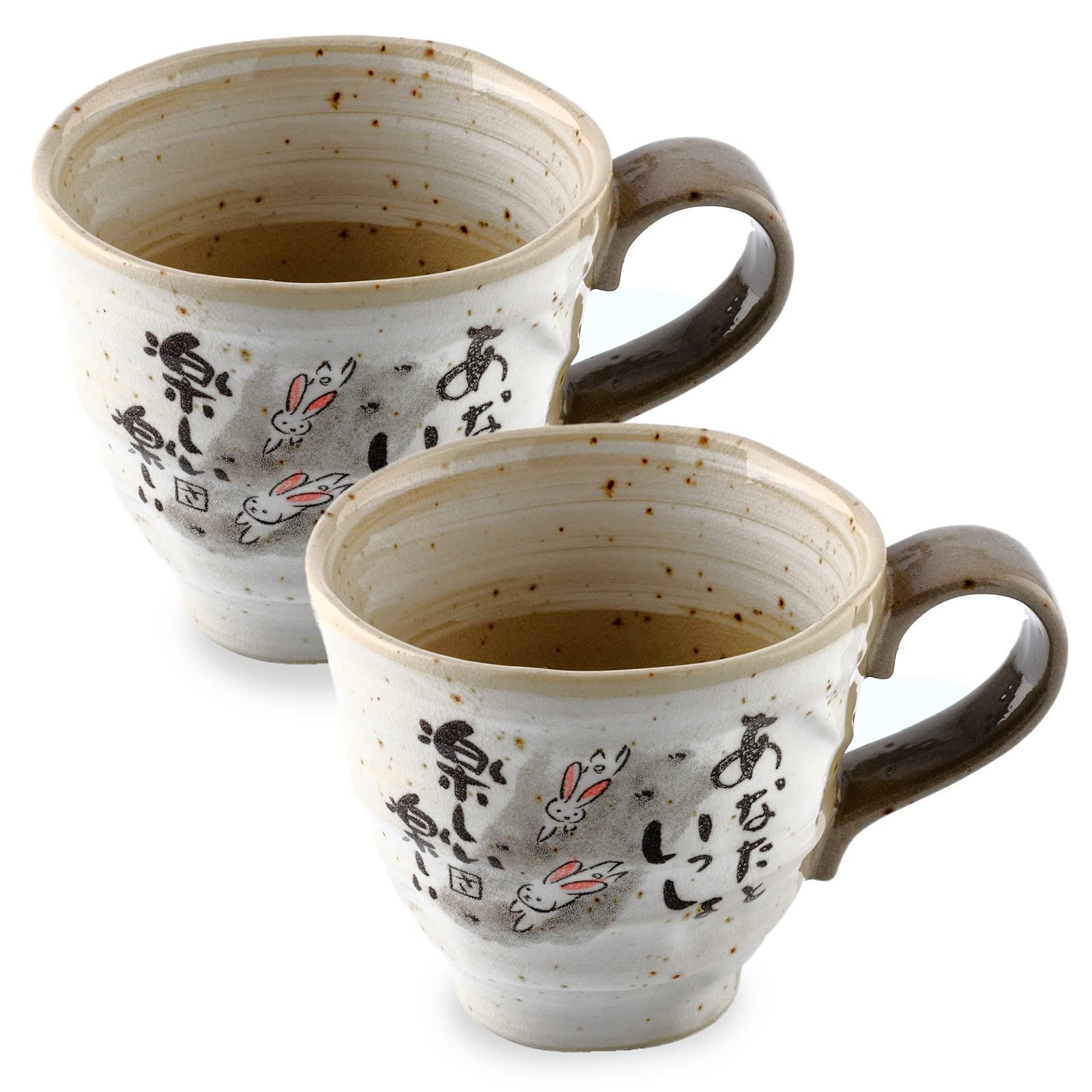 Japanese Mino Yaki(Ware) Ceramic Coffee Mugs Set of 2, Japanese Poem Rabbit Design, Gray 8.8 fl oz, Handmade Tea Cups, for Tea Ceremony, Green Tea, Matcha Tea, Japanese Cute Gifts