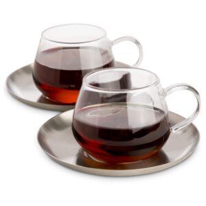 Elfin Glass Tea Cups and Saucers (Stainless Steel) 6.75oz / 200ml Danish Designer Tea Cup Set of 2 - Stylish Clear Glass Tea Cup and Saucer Set or Tea Glasses Set at Tea Time