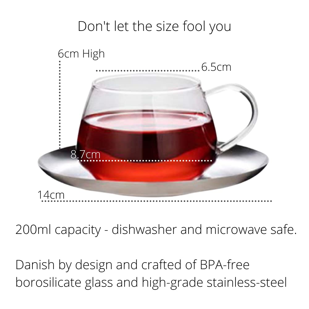 Elfin Glass Tea Cups and Saucers (Stainless Steel) 6.75oz / 200ml Danish Designer Tea Cup Set of 2 - Stylish Clear Glass Tea Cup and Saucer Set or Tea Glasses Set at Tea Time