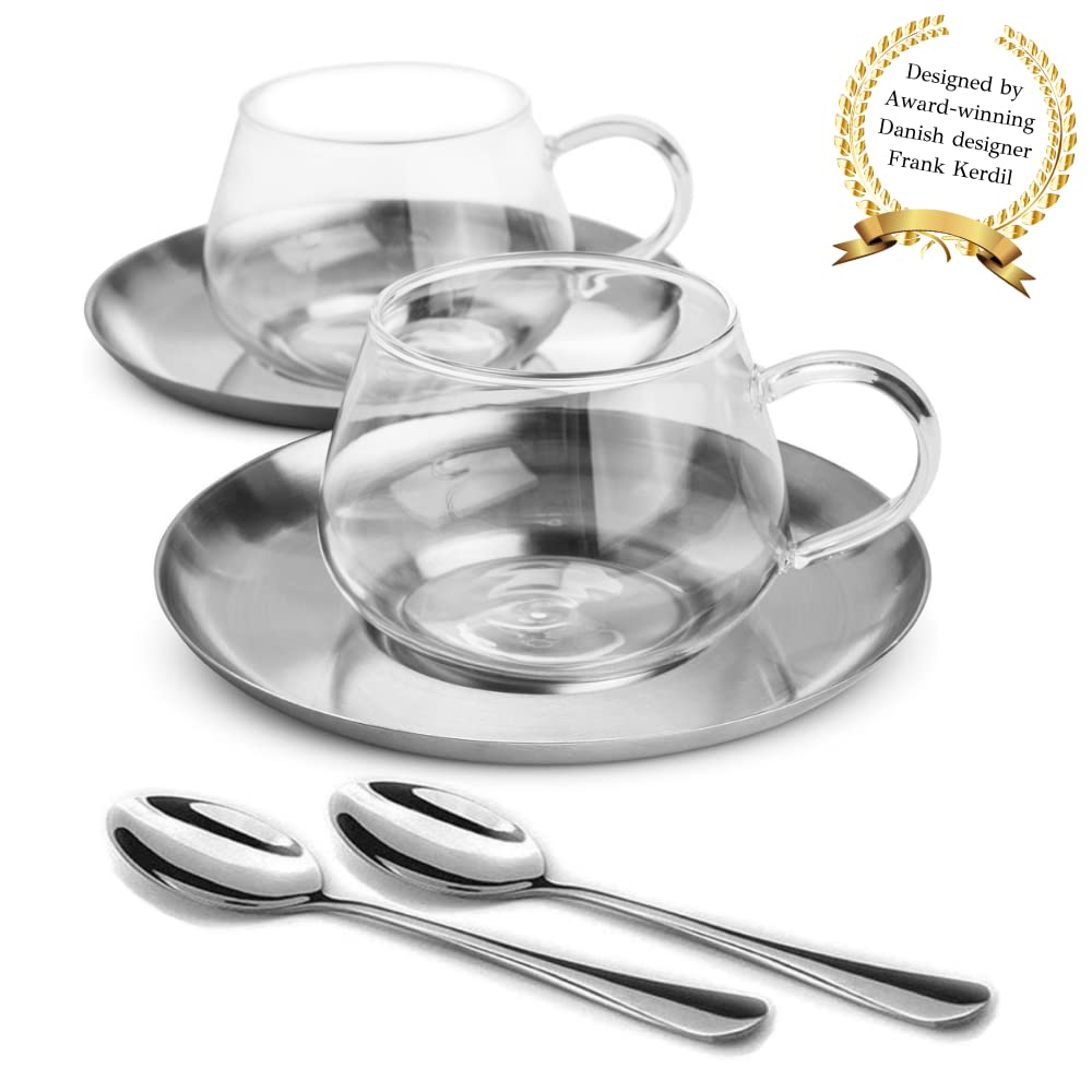 Elfin Glass Tea Cups and Saucers (Stainless Steel) 6.75oz / 200ml Danish Designer Tea Cup Set of 2 - Stylish Clear Glass Tea Cup and Saucer Set or Tea Glasses Set at Tea Time