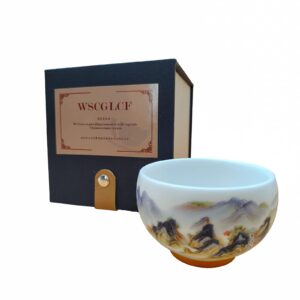 wscglcf ceramic teacup, small white porcelain teacups, kung fu teacups, chinese landscape design, beautifully handcrafted. gift boxed, 3oz.
