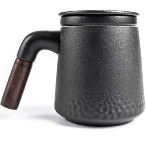 iharbort tea cup with sandalwood handle, 13 oz, ceramic tea mug with porcelain infuser and lid for hot tea or coffee, gift set, 1-pack (matte grey)