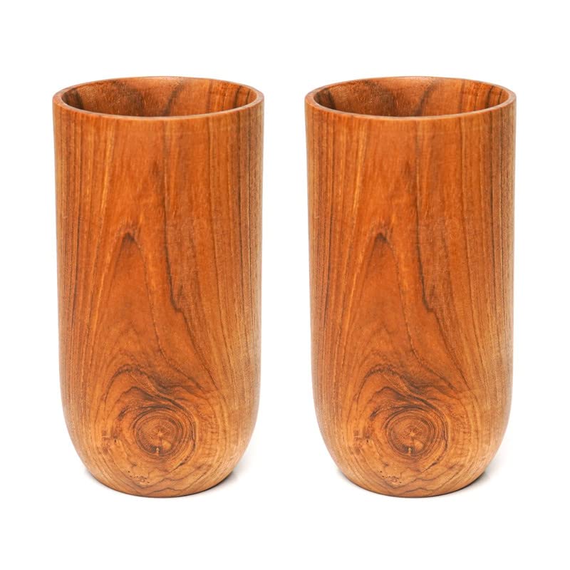 Rainforest Bowls Set of 2 Tall Classic Javanese Teak Wood Cup- 500ml (17 oz)- Great for Tea/Coffee/Milk, Hot & Cold Drinks- Ultra-Durable- Premium Wooden Cup Handcrafted by Indonesian Artisans