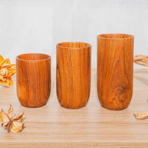 Rainforest Bowls Set of 2 Tall Classic Javanese Teak Wood Cup- 500ml (17 oz)- Great for Tea/Coffee/Milk, Hot & Cold Drinks- Ultra-Durable- Premium Wooden Cup Handcrafted by Indonesian Artisans