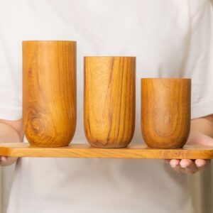 Rainforest Bowls Set of 2 Tall Classic Javanese Teak Wood Cup- 500ml (17 oz)- Great for Tea/Coffee/Milk, Hot & Cold Drinks- Ultra-Durable- Premium Wooden Cup Handcrafted by Indonesian Artisans