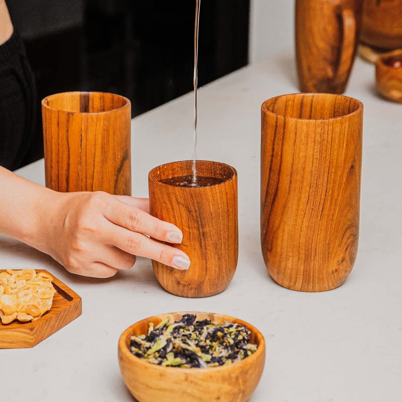 Rainforest Bowls Set of 2 Tall Classic Javanese Teak Wood Cup- 500ml (17 oz)- Great for Tea/Coffee/Milk, Hot & Cold Drinks- Ultra-Durable- Premium Wooden Cup Handcrafted by Indonesian Artisans