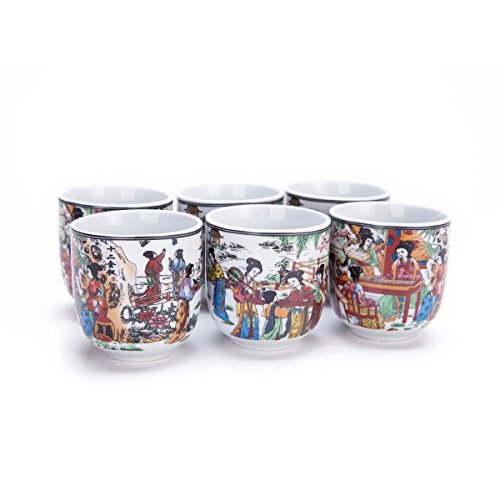 THY COLLECTIBLES Set Of 6 Eastern Asian Design Ceramic Tea Cups In The Twelve Beauties - 8 OZ Capacity Each