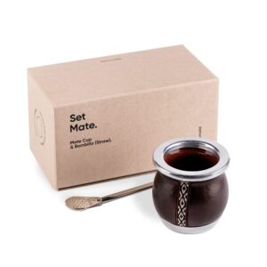thebmate [tiny mate premium set yerba mate cup - crafted ceramic teacup - brown leather wrapped handmade in uruguay - set mate tiny with german silver bombilla straw and cleaning brush (dark brown)
