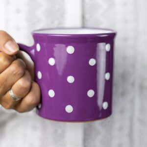 city to cottage handmade purple and white polka dot ceramic extra large 17.5oz/500ml | hot chocolate, coffee, tea mug, cup with handle unique designer pottery gift for tea lovers