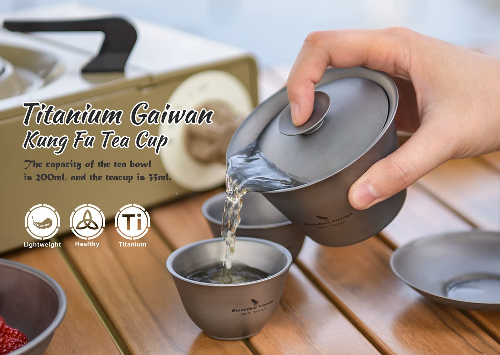 iBasingo 200ML Titanium Gaiwan Kung Fu Teacup with Lid and Saucer Set Lightweight Portable Chinese Traditional Gaiwan Tea Bowl Teacup with Cover Outdoor Camping Tea Set Ti3123D