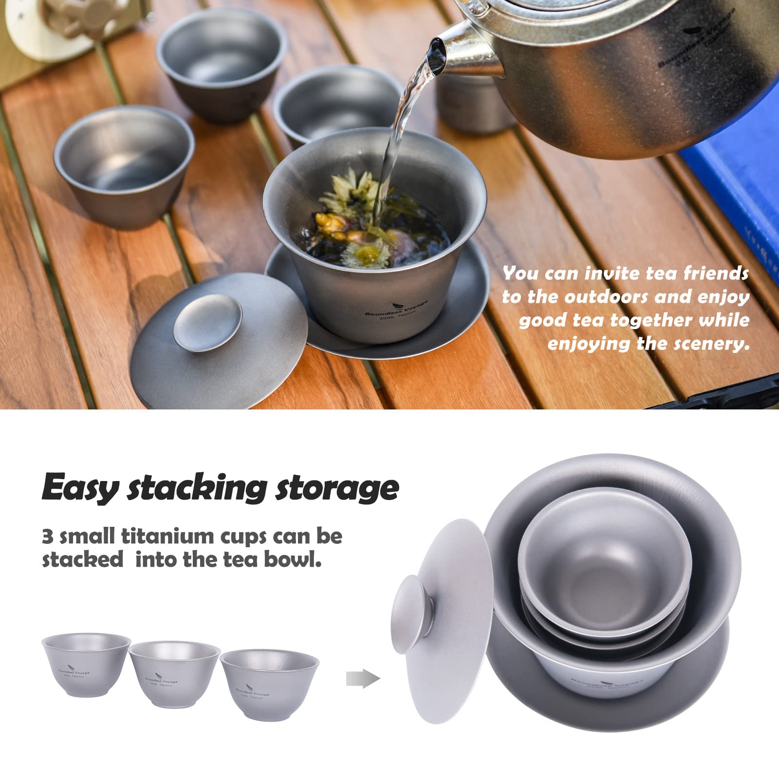 iBasingo 200ML Titanium Gaiwan Kung Fu Teacup with Lid and Saucer Set Lightweight Portable Chinese Traditional Gaiwan Tea Bowl Teacup with Cover Outdoor Camping Tea Set Ti3123D