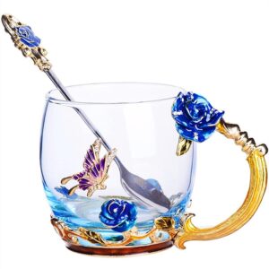 bellairis tea cup with lid, 11oz glass tea cups with spoon & cleaning cloth & coaster, enamels butterfly flower coffee mug,gifts for women mom wife valentines wedding mother's day (blue)