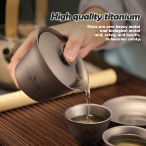 iBasingo 200ML Titanium Gaiwan Kung Fu Teacup with Lid and Saucer Set Lightweight Portable Chinese Traditional Gaiwan Tea Bowl Teacup with Cover Outdoor Camping Tea Set Ti3123D