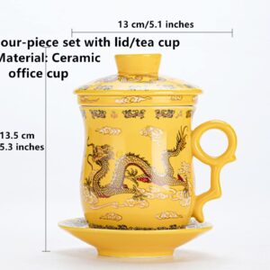 TONGMAN Blue and White Porcelain Tea Cup Infuser 4-Piece Set with Tea Cup Lid and Saucer 13.5oz Loose Leaf Tea Brewing System for Travel Office Chinese Dragon Pattern Tea Cup