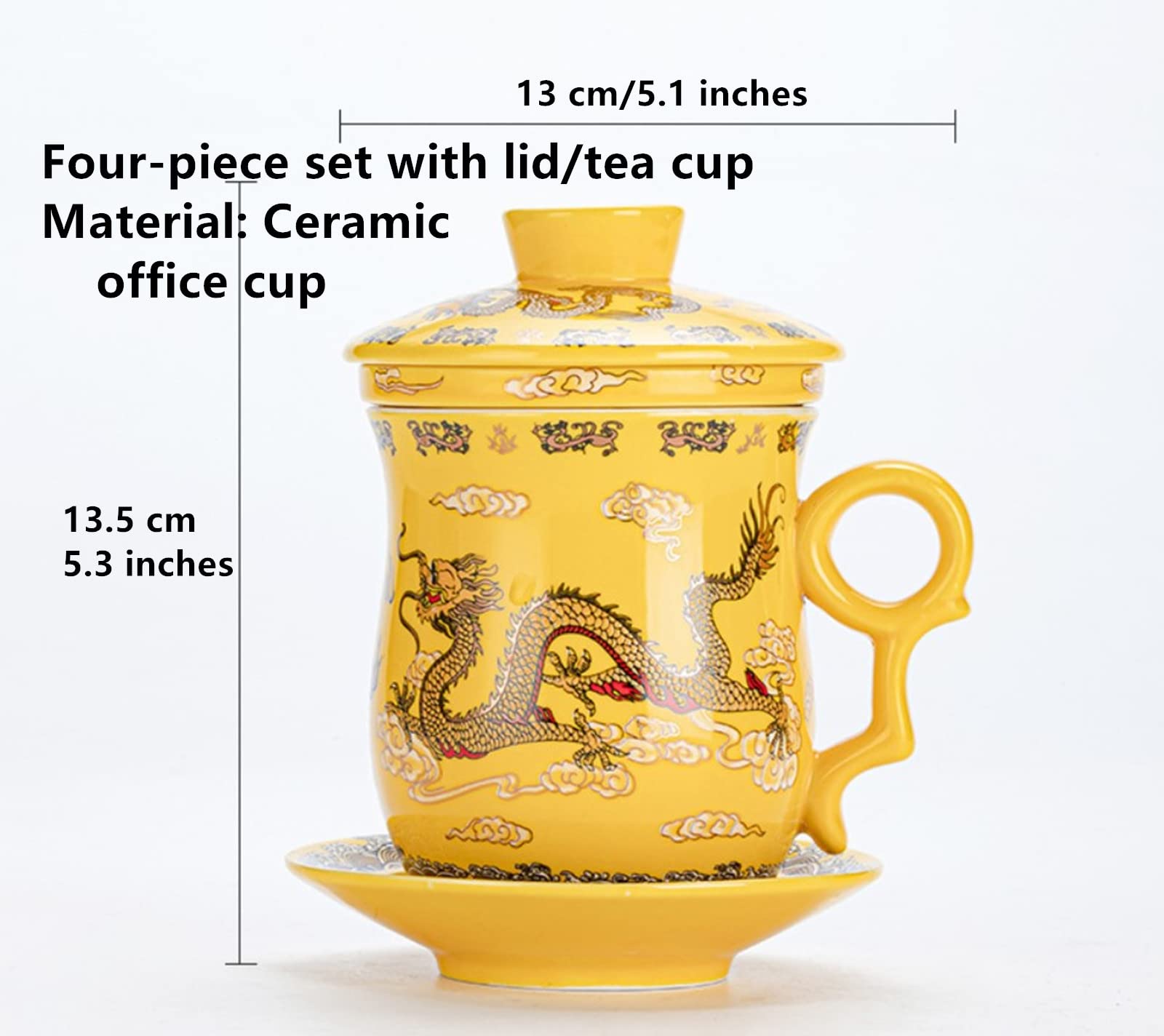 TONGMAN Blue and White Porcelain Tea Cup Infuser 4-Piece Set with Tea Cup Lid and Saucer 13.5oz Loose Leaf Tea Brewing System for Travel Office Chinese Dragon Pattern Tea Cup