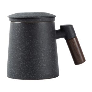 fosenw ceramic tea mug,tea cup with lid,infuser and wooden handle,12 oz,bluestone