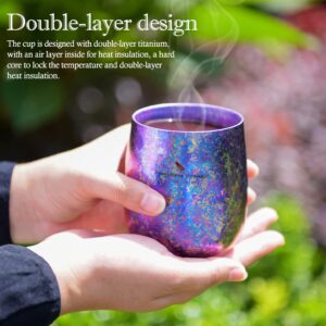 iBasingo & Boundless Voyage 8.79 fl.oz Titanium Coffee Cup Double-Layer Tea Mug Ice Flower Craft Lightweight for Camping Hiking Picnic Drinking Water Tea Wine Beer Fruit Juice (Blue-violet)-Ti3084D