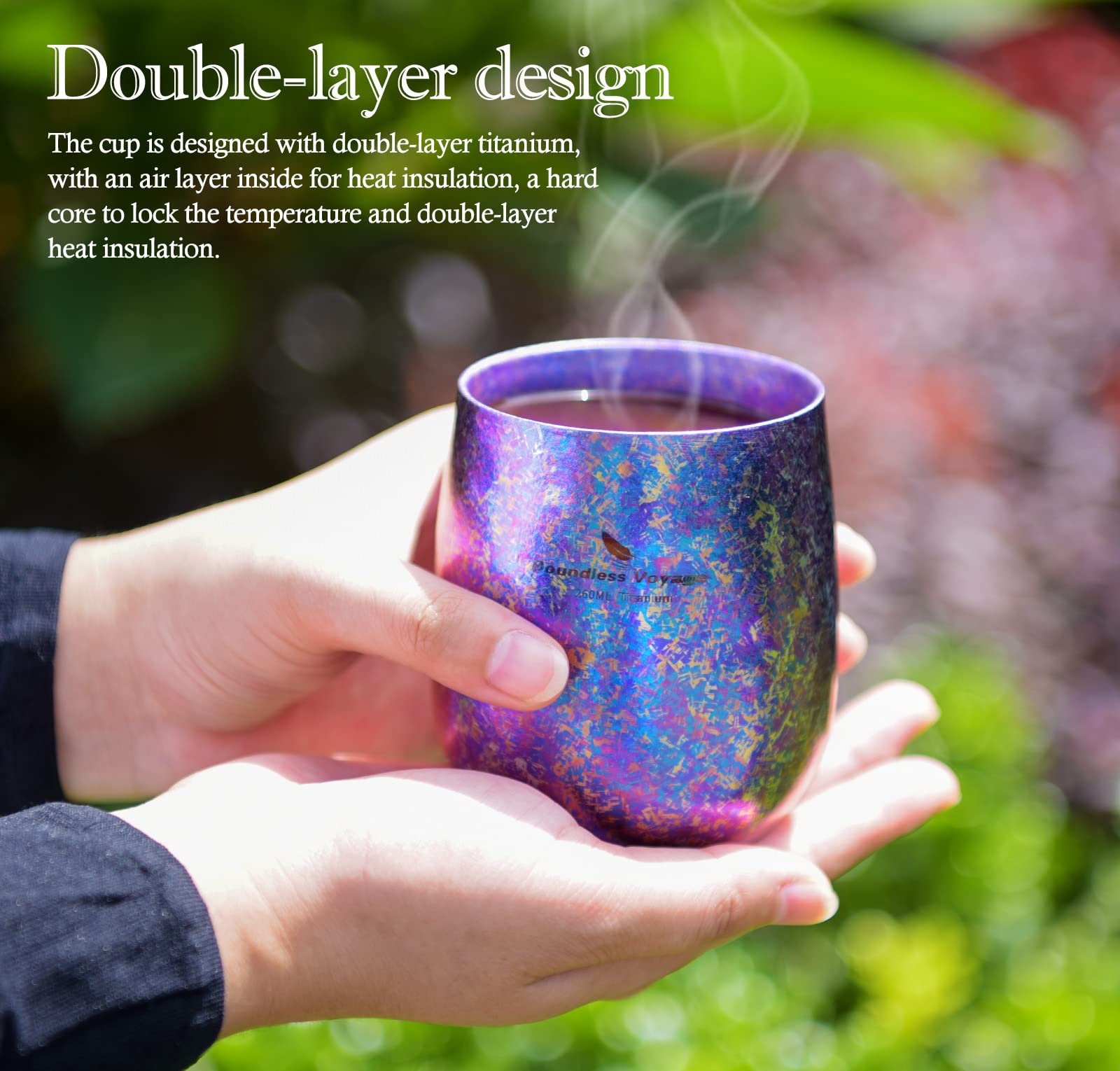 iBasingo & Boundless Voyage 8.79 fl.oz Titanium Coffee Cup Double-Layer Tea Mug Ice Flower Craft Lightweight for Camping Hiking Picnic Drinking Water Tea Wine Beer Fruit Juice (Blue-violet)-Ti3084D