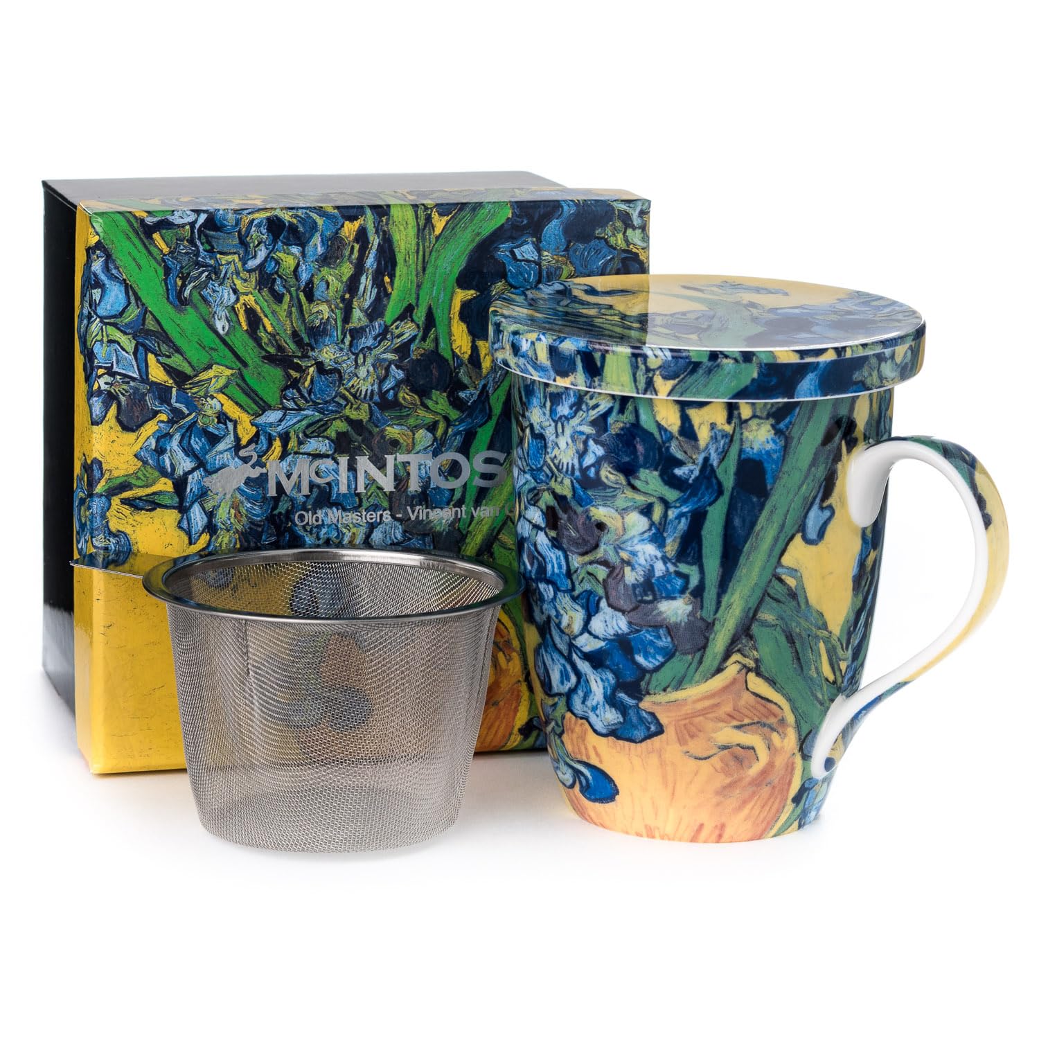 McIntosh Van Gogh Irises Fine Bone China (15 oz) Tea Mug with Lid and Infuser in Matching Gift Box