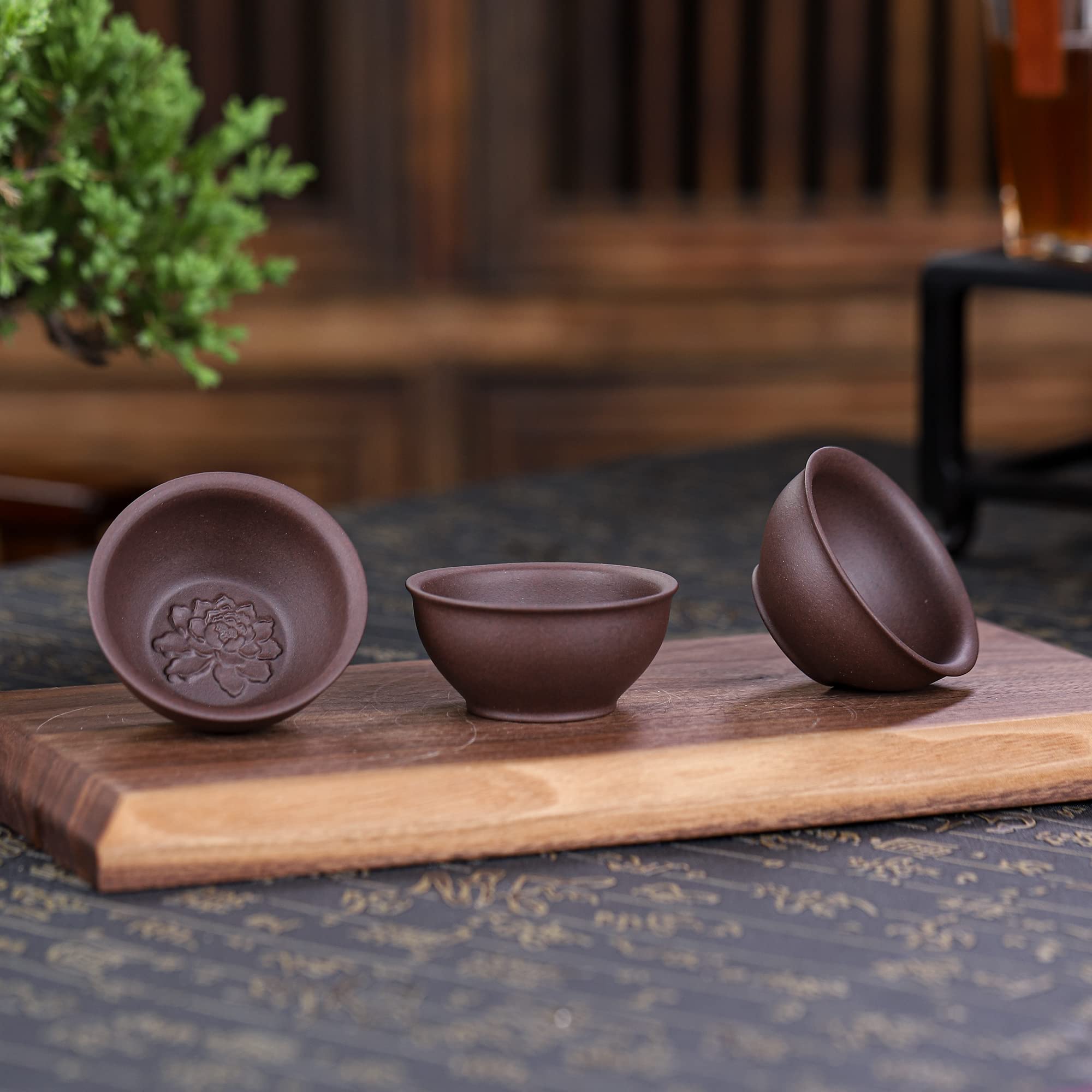 SILINE 3 PCS Zisha Gongfu Teacup,2.2 Oz Chinese Yixing Purple Clay Tea Cup for Brew Kung Fu Tea,Used with the Teapot