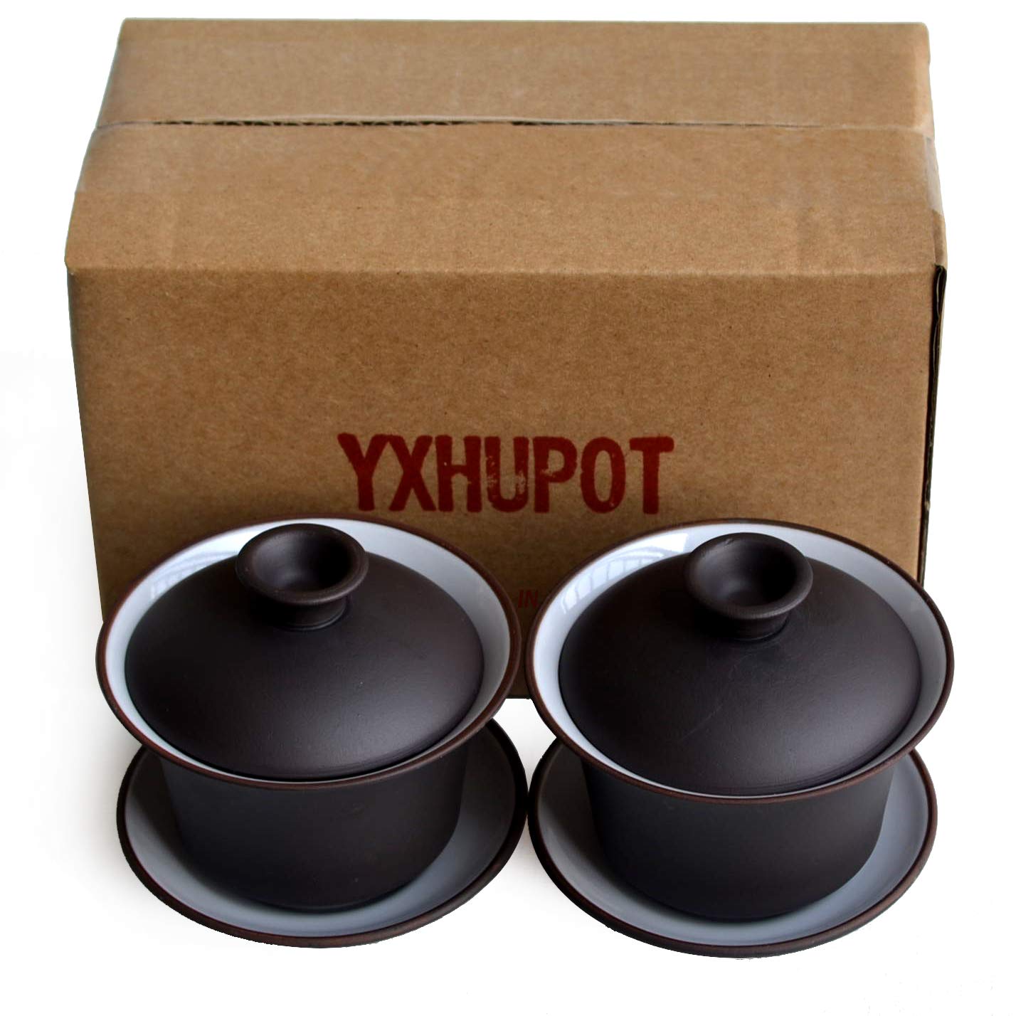 YXHUPOT Teacup Kungfu Tea Clay 4oz Cup Gaiwan Sancai Saucers Set of 2