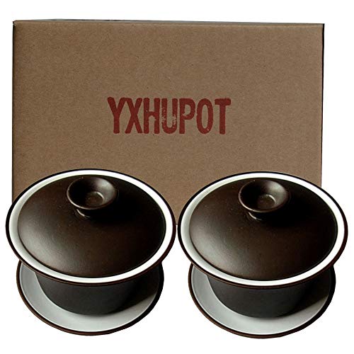 YXHUPOT Teacup Kungfu Tea Clay 4oz Cup Gaiwan Sancai Saucers Set of 2