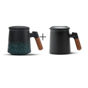 zens tea cup with infuser and lid, 16.8 ounce black & green gradient embossed large loose tea mug and 13.5 ounce black stoneware glazed ceramic tea cup