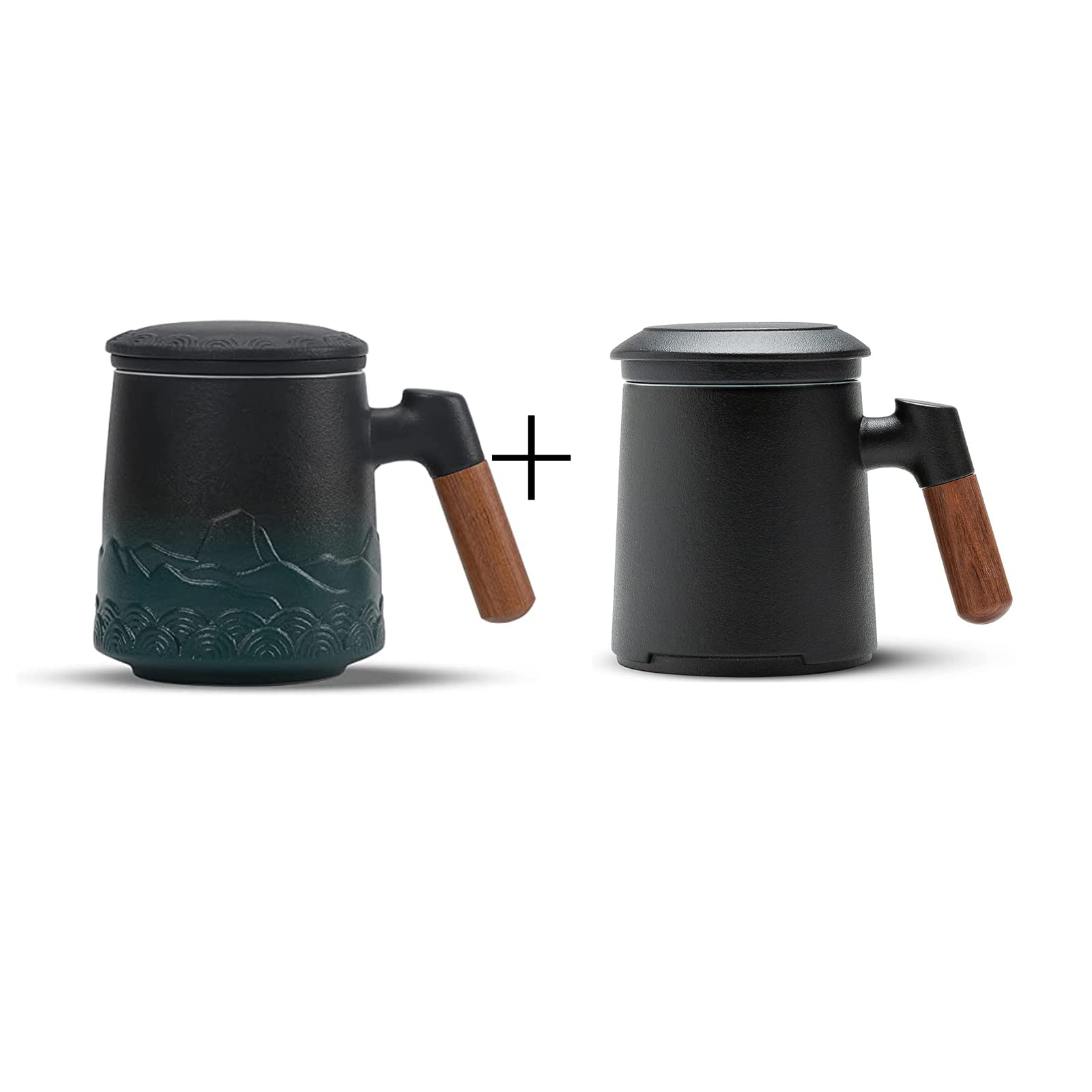 ZENS Tea Cup with Infuser and Lid, 16.8 Ounce Black & Green Gradient Embossed Large Loose Tea Mug and 13.5 Ounce Black Stoneware Glazed Ceramic Tea Cup