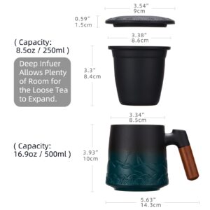 ZENS Tea Cup with Infuser and Lid, 16.8 Ounce Black & Green Gradient Embossed Large Loose Tea Mug and 13.5 Ounce Black Stoneware Glazed Ceramic Tea Cup