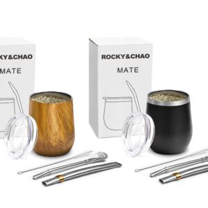 2 Pack 8 Ounces Modern Mate Cup Yerba Mate Tea Cup Set - Including Two Bombilla (Yerba Mate Straw), Lid & Cleaning Brush, Mate Cup for Drinking - Stainless Steel, Double-Wall (Black and Brown）